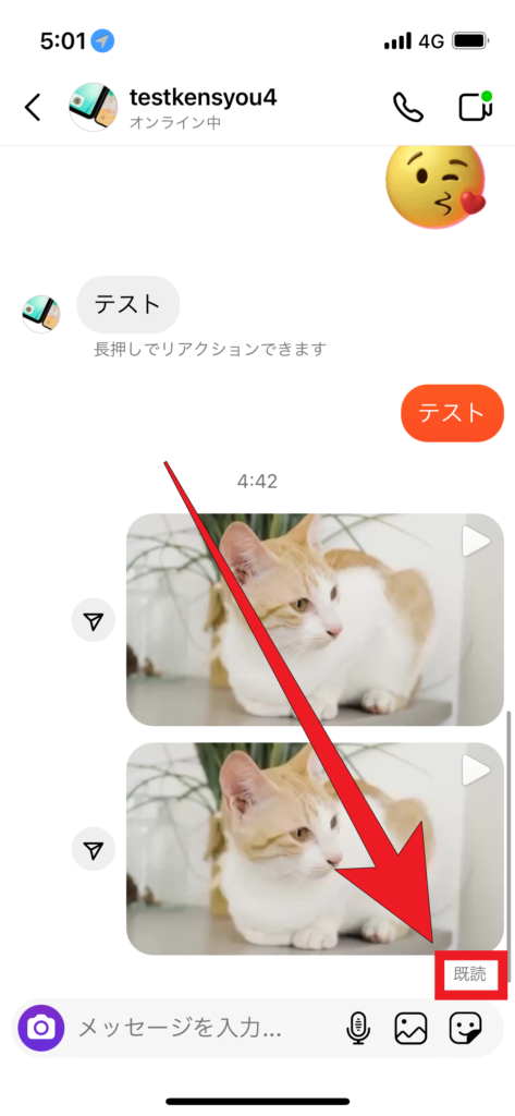 Instagram 動画を送信したアカウントでダイレクトメッセージを開くと、動画サムネイルの右下に「既読」のマークがついていることが確認できました。の画像